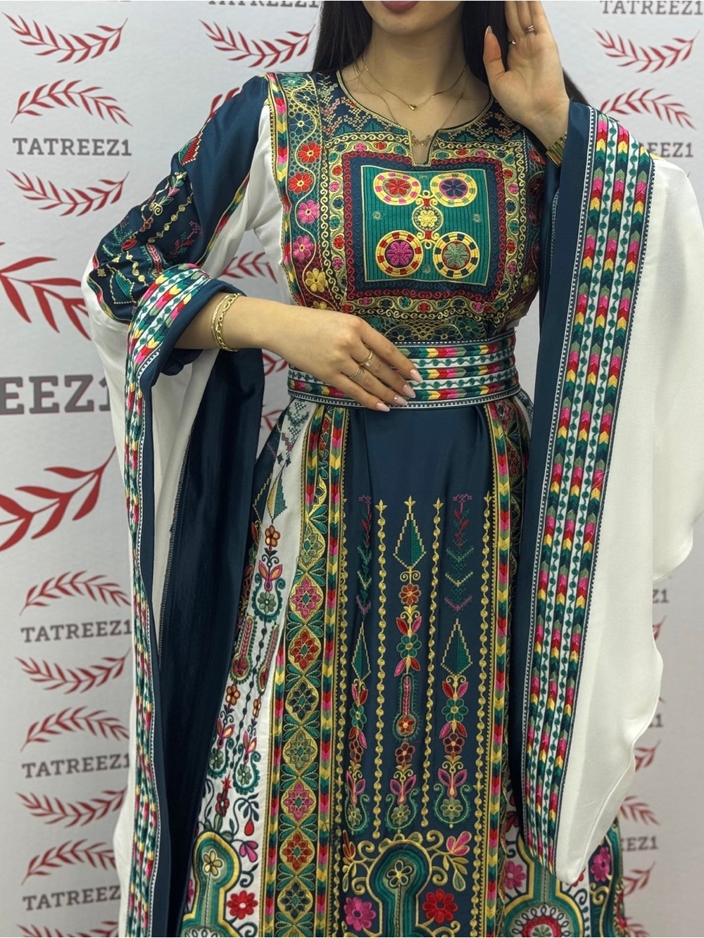 Teal Embroidered Maxi Dress with White Panels